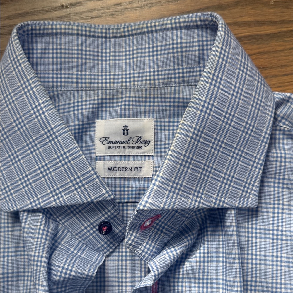 Emanuel Berg Men's Classic Italian Cotton Blue Plaid Shirt